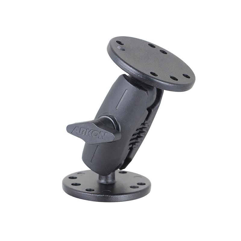 The 4-Inch Heavy-Duty 4-Hole AMPS Mount features a black circular base, central pivot joint, and ARKON-labeled side lever. Ideal for mounting cameras or GPS units, it fits 4-Hole AMPS and AMPS-compatible accessories.