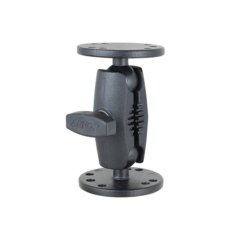 The 4-Inch Heavy Duty Metal 4-Hole AMPS Mount is a black adjustable bracket with two round, flat plates joined by a pivot arm and tightening knob. Multiple hole patterns, including the 4-Hole AMPS mount, ensure secure attachment.