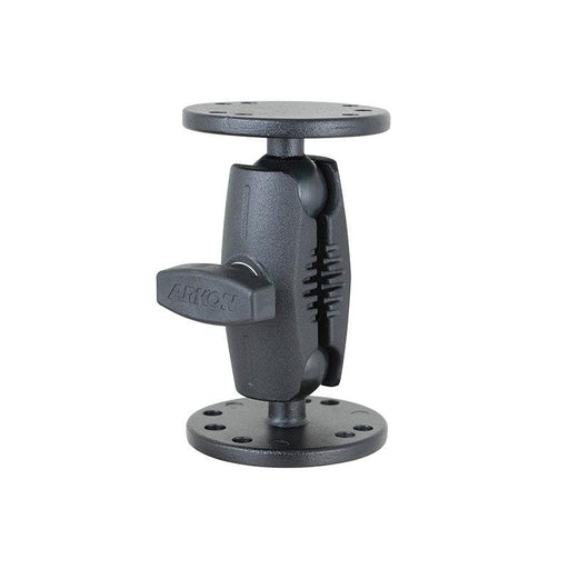 The 4-Inch Heavy Duty Metal 4-Hole AMPS Mount is a black adjustable bracket with two round, flat plates joined by a pivot arm and tightening knob. Multiple hole patterns, including the 4-Hole AMPS mount, ensure secure attachment.