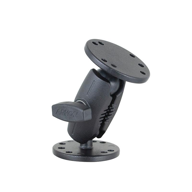 The 4-Inch Heavy Duty Metal 4-Hole AMPS Mount is a black adjustable bracket with circular base plates, multiple screw holes, a central rotating joint, and a 4-hole AMPS mount for secure universal tablet holder compatibility.