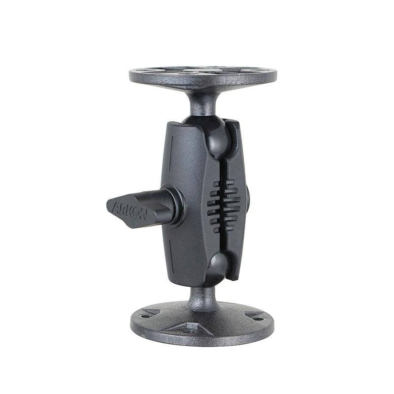 The 4.5-Inch Heavy-Duty 4-Hole AMPS Mount features a black adjustable bracket with robust shaft arm, round bases, and a central lock for secure device mounting on surfaces.