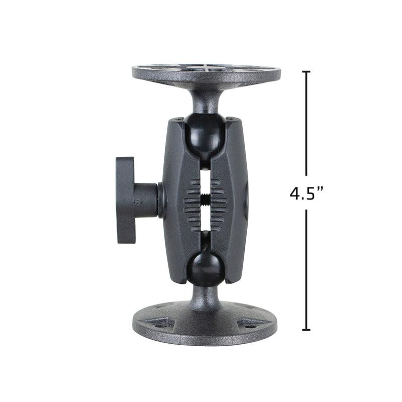 The 4.5-Inch Heavy-Duty 4-Hole AMPS Mount is black with a sturdy shaft arm, round bases at each end, and a central knob for secure support.