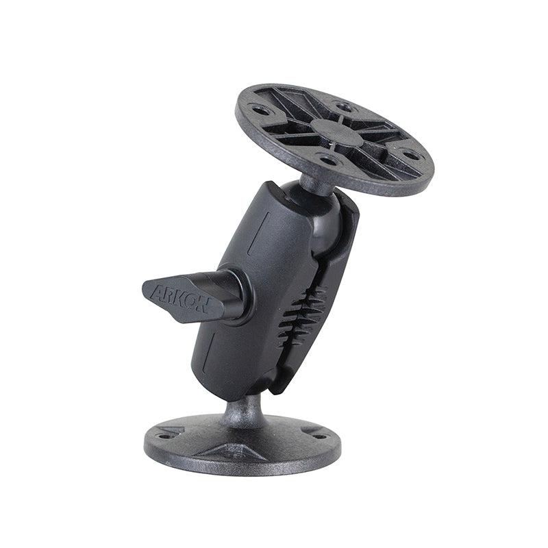The 4.5-Inch Heavy-Duty 4-Hole AMPS Mount is an adjustable black plastic bracket with a sturdy shaft arm, two round bases, a central joint, and a 4-hole AMPS mount for secure flat surface device attachment.