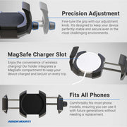 The RoadVise® Ultra Forklift Front Guard Phone and Tablet Mount is shown with an adjustable grip, compatibility with most phones and tablets, and a built-in MagSafe charger slot for secure mounting and convenient charging.