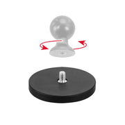 A gray knob hovers above a 65mm Diameter Round Heavy-Duty Magnetic Base with a black finish, metal screw, and red arrows illustrating the knob twisting onto the magnetic base.