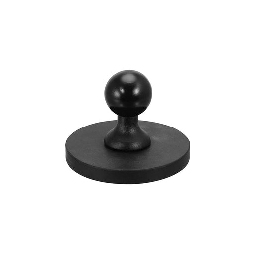 A 65mm diameter round heavy-duty magnetic base with a 25mm (1 inch) ball on top is shown against a plain white background. The black metal object has a flat base and a short, rounded handle resembling a traditional stamp or tamper.