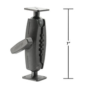 The 7 Heavy-Duty Metal AMPS Mount, compatible with 38mm (1.5 inch) balls, features a central knob and comes with two rectangular 4-Hole AMPS drill base plates; its height is shown as 7 inches by a vertical line beside the arm.