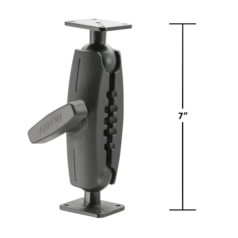 The 7 Heavy-Duty Metal AMPS Mount, compatible with 38mm (1.5 inch) balls, features a central knob and comes with two rectangular 4-Hole AMPS drill base plates; its height is shown as 7 inches by a vertical line beside the arm.