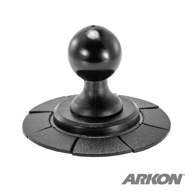 The 70mm Extra-Strength VHB Adhesive Base to 25mm Ball Mounting Disk for Car Dashboards features a black plastic base with a 25mm ball mount and segmented circular design, shown on a white background with the ARKON logo in the bottom right.