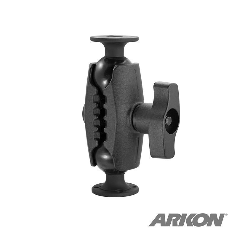 The 8 Heavy-Duty Metal AMPS Mount (57mm/2.25 ball compatible) features a double ball mount with two round plates, a central tightening knob, and a 4-hole AMPS drill base, shown on a white background with the ARKON logo at bottom right.