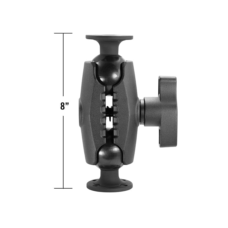 The 8 Heavy-Duty Metal AMPS Mount, compatible with 57mm (2.25 inch) balls, features a double ball-and-socket design in black metal and is displayed against a white background.