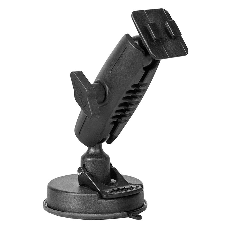 The 80mm Windshield Suction Car Mount - Dual-T Compatible is a black, heavy-duty mount with a rotating arm and rectangular holder, designed for phones or GPS units. Part of the Arkon Robust Mount Series, its ideal as a windshield car mount.