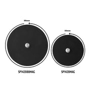 Shown side by side are two black discs with central silver camera bolts; the left is an 88mm Diameter Round Heavy-Duty Magnetic Base with 1/4-20 Camera Bolt, while the right disc measures 65mm.