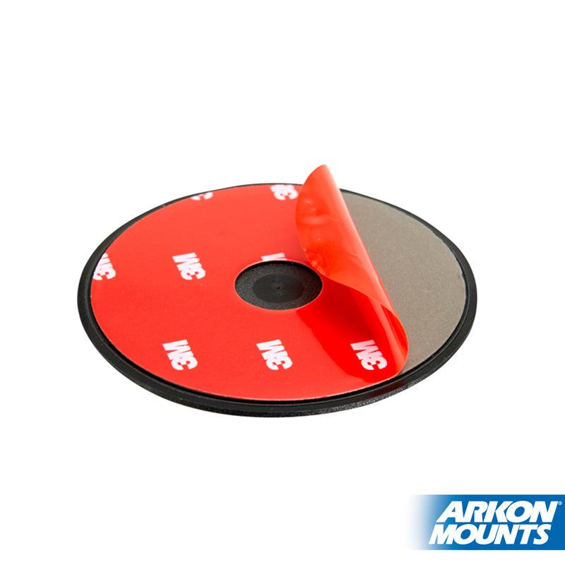The 90mm High-Performance Adhesive Mounting Disk for Car and Truck Dashboards features a round design with red peel-off 3M backing, partially lifted to reveal the sticky surface. The Arkon Mounts logo is shown—ideal for dashboard mount applications.