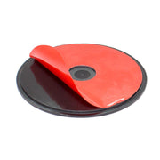 A round black 90mm VHB adhesive mounting disk with red peel-off backing reveals the sticky surface. Designed for car dashboards, it is ideal for mounting GPS units and smartphones using windshield suction pedestals.