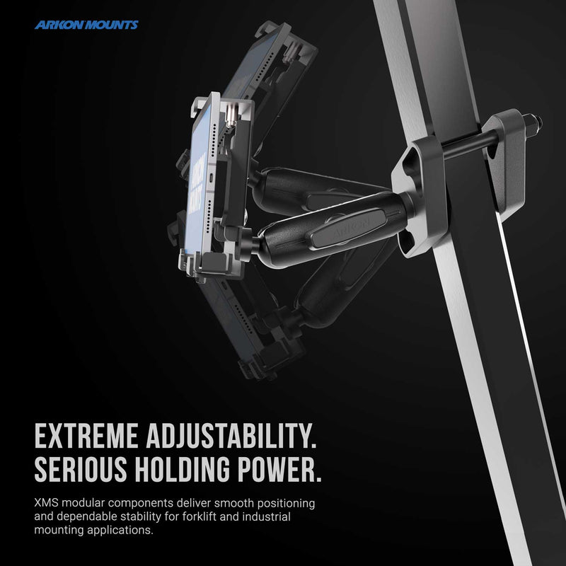 A XMS™ Heavy Duty Forklift Mount with LockVise™ Metal Locking Tablet Holder is attached to a vertical metal bar, demonstrating its wide range of adjustable positions. Text reads: Extreme adjustability. Serious holding power. Perfect as an industrial tablet mounting system or heavy duty tablet holder, the XMS™ solution keeps your device secure in demanding environments. Arkon Mounts logo appears in the upper left corner.