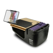 Car desk organizer with tablet stand, pen holder, and storage compartments on a white background