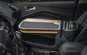 A wooden AutoExec GripMaster Car Desk with Slim-Grip® Ultra Pro Drill-Base Mount by Arkon Mounts is set up over the front passenger seat of a car, transforming it into a mobile workstation. File folders are neatly organized in a holder beside the desk, creating an efficient and practical workspace.