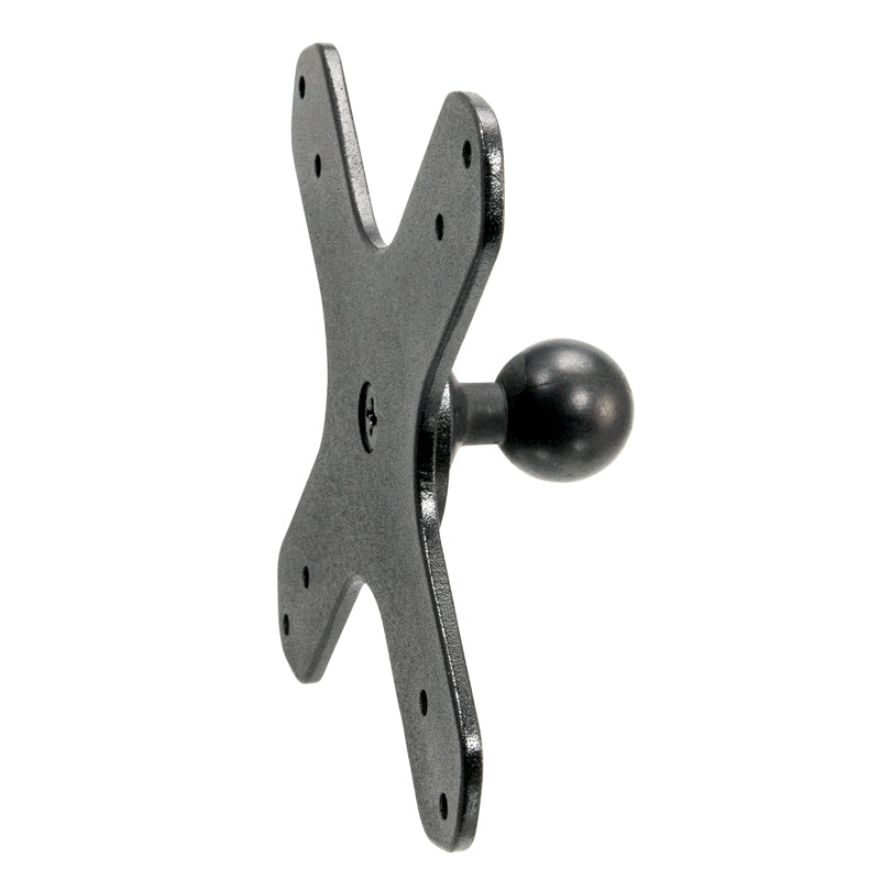 The VESA 75 / VESA 100 to 25mm Ball Mount Bracket Adapter is a black metal X-shaped plate with multiple holes for secure monitor mounting.