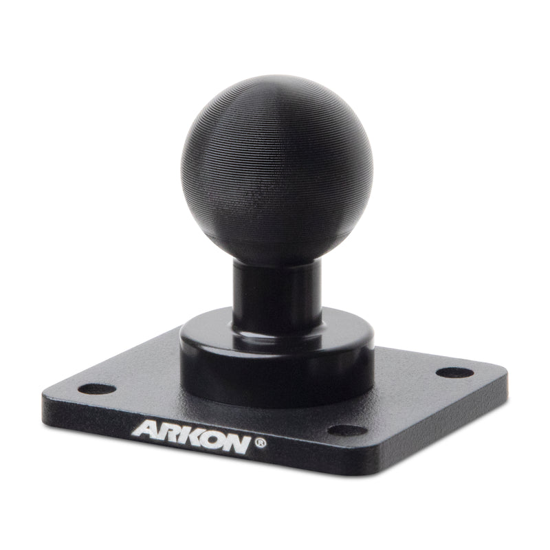 The XMS 25mm AMPS Adapter Plate is a heavy-duty aluminum mount with a 25mm ball on top and a square AMPS adapter plate with four corner holes. The ARKON logo appears on the front edge of the plate.