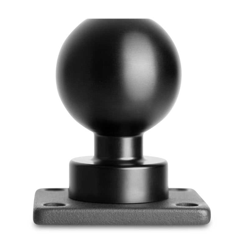 The XMS 38mm AMPS Adapter Plate features a black 38mm ball mount on a square AMPS-pattern base with four screw holes. Made from heavy-duty aluminum, its shown against a white background.