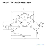 Technical drawing of the Double Suction Splitter Bar Plate with detailed dimensions, 4-hole AMPS pattern, and radii. The Arkon Mounts logo is located in the bottom right corner.