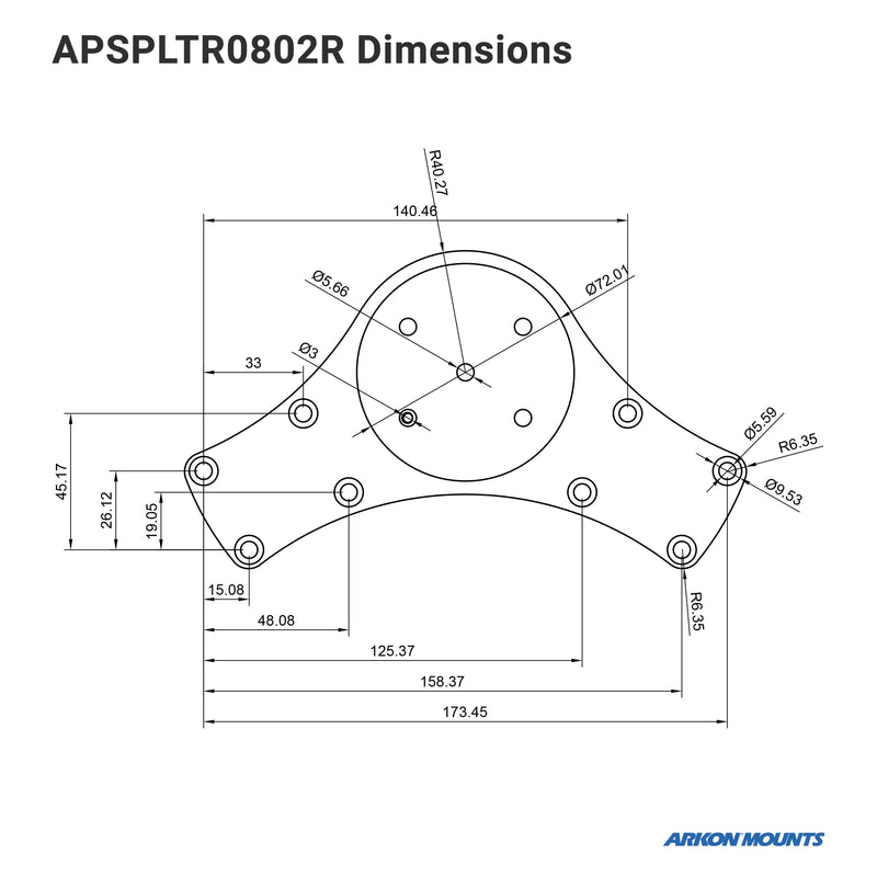 Technical drawing of the Double Suction Splitter Bar Plate with detailed dimensions, 4-hole AMPS pattern, and radii. The Arkon Mounts logo is located in the bottom right corner.