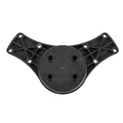 The Double Suction Splitter Bar Plate is a black plastic mounting plate with a round base, two arms each with a 4-hole AMPS pattern, multiple screw holes, and a crisscross support structure.