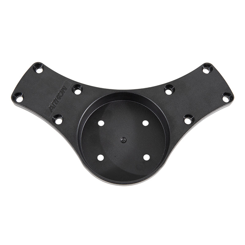 The Double Suction Splitter Bar Plate is a black, wing-shaped universal mounting plate with a central 4-hole AMPS pattern and two arms with three holes each, designed for secure attachment to surfaces or devices.