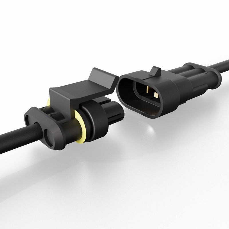 Two black plastic electrical connectors—one male, one female—from the Arkon Mounts 60W USB-C & USB-A Charging Harness rest close together on a smooth white surface, ready to be joined for dual charging applications with Quick Charge 3.0 support.