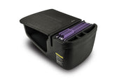 The Arkon Mounts AutoExec GripMaster Efficiency Car Desk, shown open against a white background, features a black plastic organizer with a textured lid and multiple storage compartments, including several purple hanging file folders. Designed for convenience as a mobile workstation or car desk, it fits perfectly on the passenger seat.