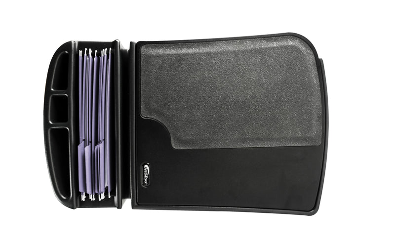 The Arkon Mounts AutoExec GripMaster Efficiency Car Desk, a black plastic organizer featuring multiple slots filled with purple file folders, is shown from above against a white background—ideal for keeping documents organized in your vehicle or turning your passenger seat into a convenient mobile workstation.