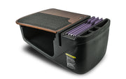 Introducing the AutoExec GripMaster Efficiency Car Desk by Arkon Mounts—a black mobile workstation for your car, featuring a durable wooden writing surface, a soft felt pad, dedicated pen holders, and a side section equipped with hanging files and purple folders. Complete with a convenient side label, this passenger seat desk is ideal for staying organized on the go; shown isolated on a white background.