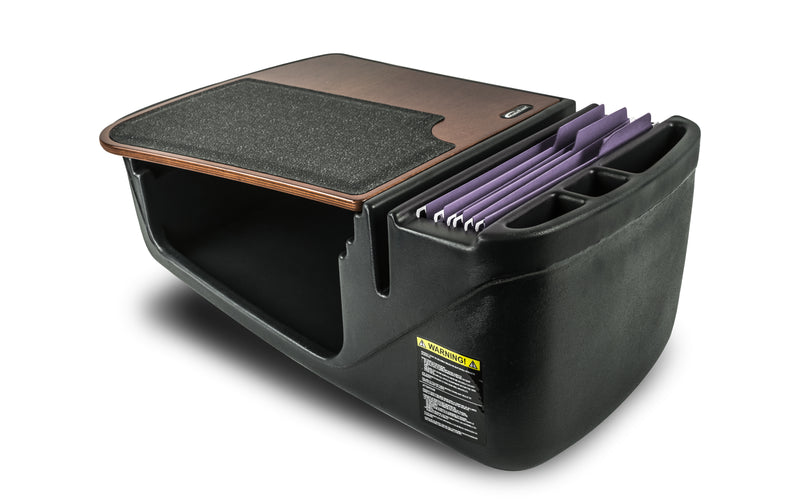 Introducing the AutoExec GripMaster Efficiency Car Desk by Arkon Mounts—a black mobile workstation for your car, featuring a durable wooden writing surface, a soft felt pad, dedicated pen holders, and a side section equipped with hanging files and purple folders. Complete with a convenient side label, this passenger seat desk is ideal for staying organized on the go; shown isolated on a white background.