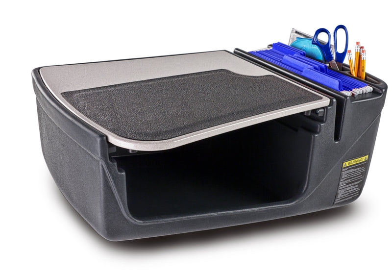 The Arkon Mounts AutoExec GripMaster Efficiency Car Desk is a black and gray plastic organizer featuring a large compartment, textured writing surface, and dedicated sections for folders, scissors, tape, and pencils—ideal for use as a passenger seat desk or mobile workstation in your car.
