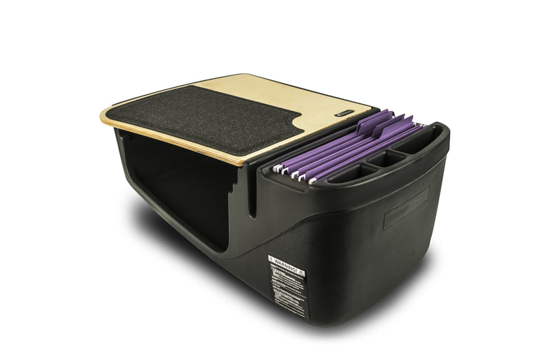The AutoExec GripMaster Efficiency Car Desk by Arkon Mounts features a black portable organizer with a wooden writing surface, a black pad, compartments for office supplies, and purple hanging file folders—making it ideal as a car or passenger seat desk for anyone in need of a mobile workstation. The organizer is shown against a white background.