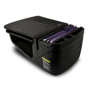 The Arkon Mounts AutoExec GripMaster Car Desk, shown here against a white background, features a black organizer with a slanted lid, compartments for files holding purple folders, and convenient side storage slots—making it an ideal mobile workstation for professionals on the go. A caution label is visible on the side of this car desk.