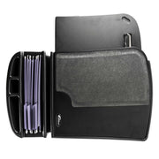 Arkon Mounts black desk organizer features multiple compartments, including vertical slots for purple file folders, a dedicated section for pens or small items, and a flat textured area for documents—ideal for your mobile workstation or pairing with the AutoExec GripMaster Car Desk from Arkon Mounts.