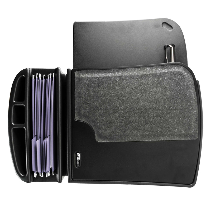 Arkon Mounts black desk organizer features multiple compartments, including vertical slots for purple file folders, a dedicated section for pens or small items, and a flat textured area for documents—ideal for your mobile workstation or pairing with the AutoExec GripMaster Car Desk from Arkon Mounts.