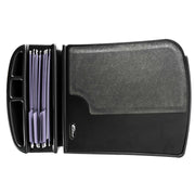 A black plastic AutoExec GripMaster Car Desk by Arkon Mounts, featuring multiple compartments and several hanging file folders inside as seen from above—ideal for turning your car desk or mobile workstation into an organized and efficient space.