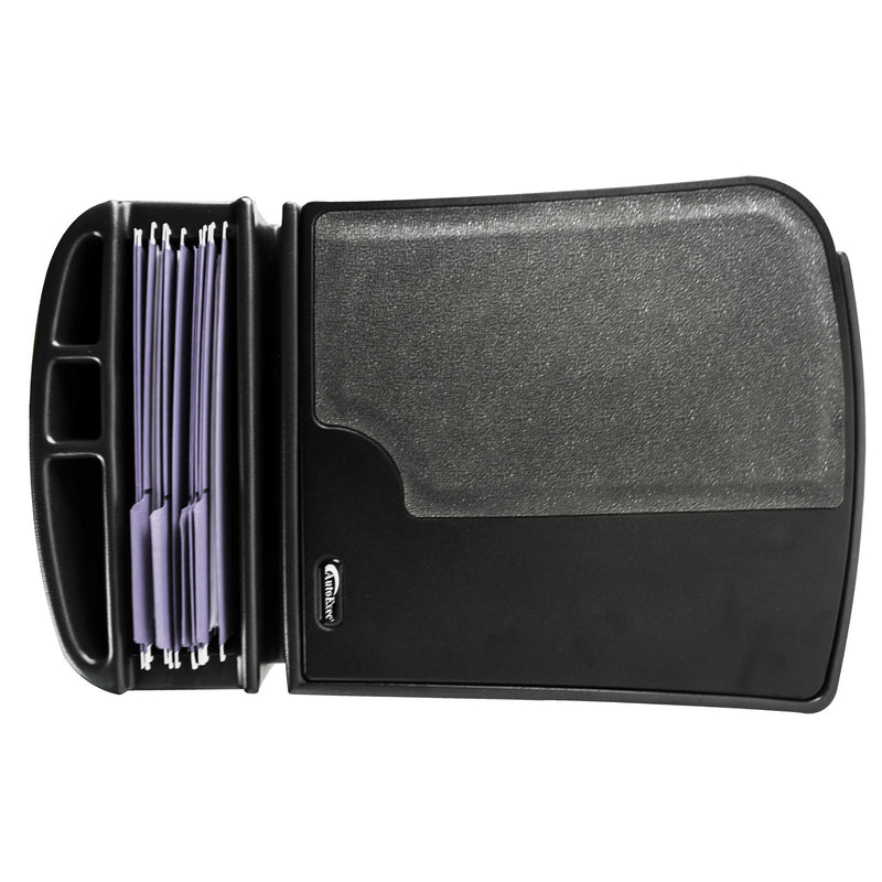 A black plastic AutoExec GripMaster Car Desk by Arkon Mounts, featuring multiple compartments and several hanging file folders inside as seen from above—ideal for turning your car desk or mobile workstation into an organized and efficient space.