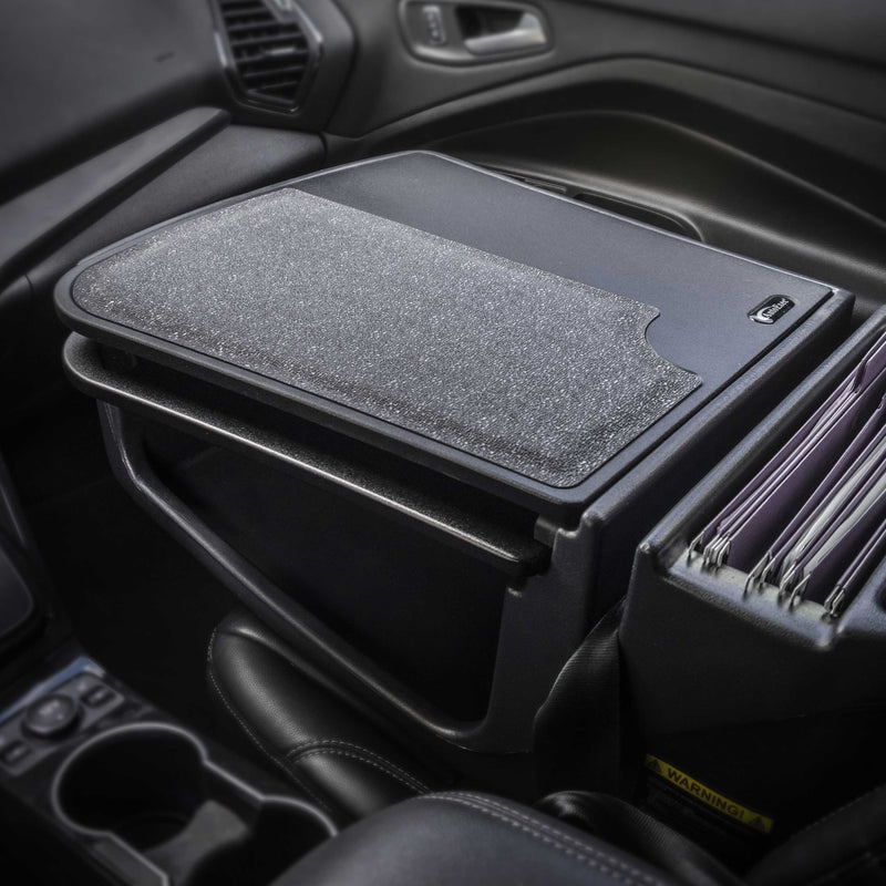 A vehicle’s front passenger seat equipped with an Arkon Mounts AutoExec GripMaster Car Desk, offering a textured writing surface, file folders, and storage compartments—creating the ideal mobile workstation.
