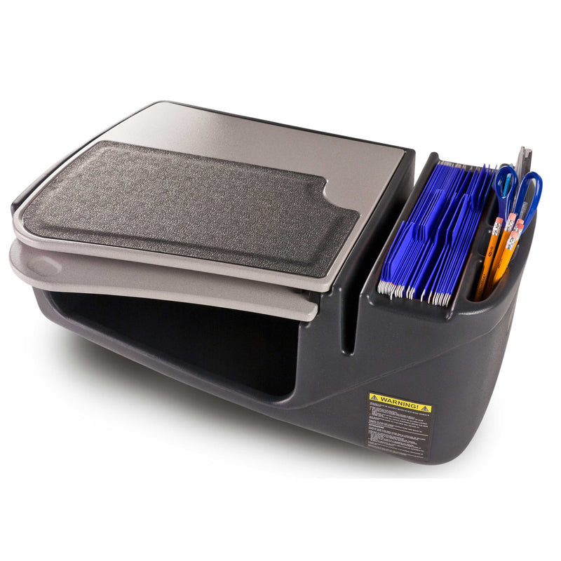 A black and gray portable car desk, the AutoExec GripMaster Car Desk by Arkon Mounts, featuring a storage compartment, a felt writing surface, blue file folders, and right-side slots for pens and pencils.