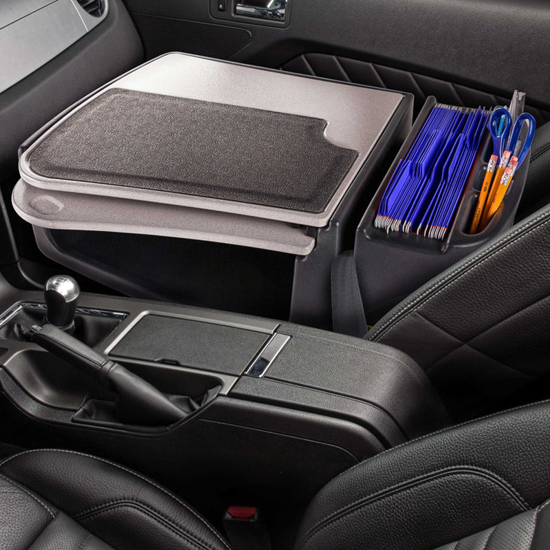 A mobile desk setup, such as the Arkon Mounts AutoExec GripMaster Car Desk, fits on a car’s passenger seat and features a flat work surface, organized file folders, and compartments for pens conveniently located next to the gear shift and console.