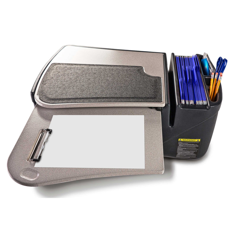 The Arkon Mounts AutoExec GripMaster Car Desk is displayed on a white background, featuring a portable design with a sturdy writing surface, integrated clipboard for holding paper, and convenient storage slots stocked with folders, pens, and pencils—ideal for setting up an efficient mobile workstation wherever you travel.