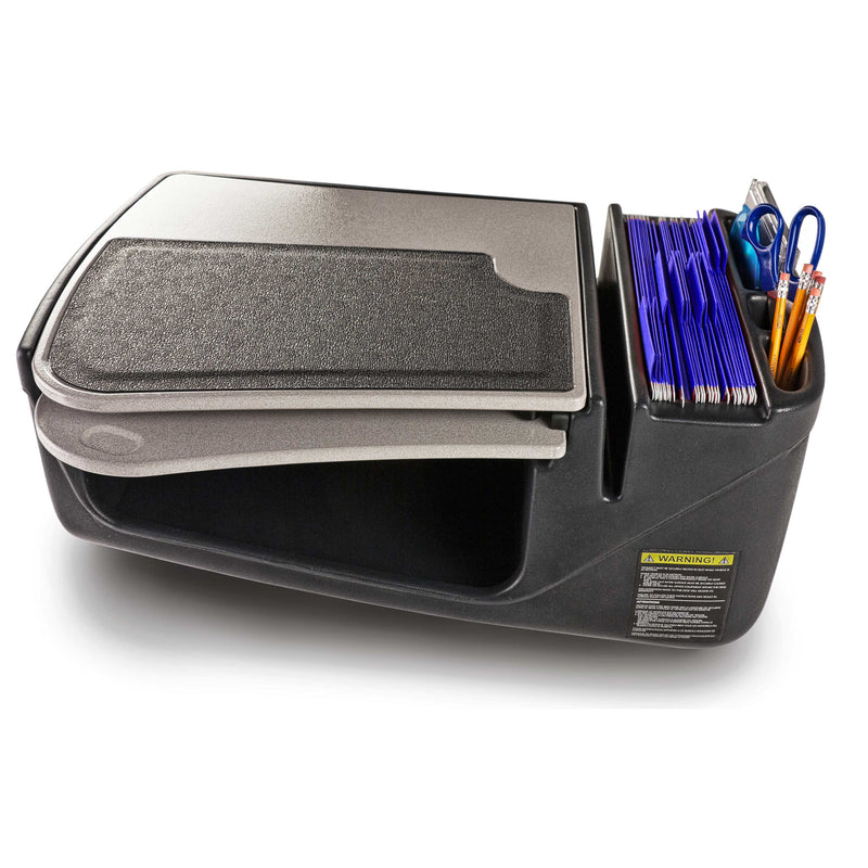The AutoExec GripMaster Car Desk by Arkon Mounts features a black and gray design with a textured lid, open storage compartment, blue file folders, upright holders for scissors, pens, and pencils on the right side—making it an ideal mobile workstation or car desk to keep you organized on the road.
