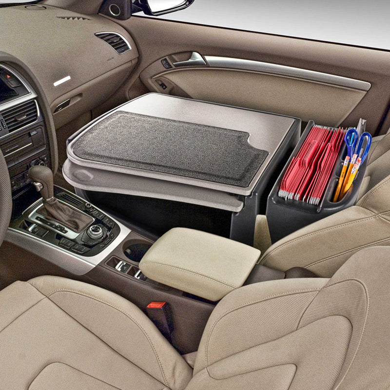 A portable office organizer, such as the Arkon Mounts AutoExec GripMaster Car Desk, sits on the passenger seat of your car, featuring a writing surface, folders, and compartments that hold pens and scissors—transforming your vehicle into an efficient mobile workstation.