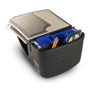 The Arkon Mounts AutoExec GripMaster Car Desk is a black plastic storage organizer with a hinged lid, designed to hold blue file folders, pens, and various office supplies—ideal as a compact car desk or mobile workstation for your vehicle or small office space.