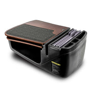 A black Arkon Mounts AutoExec GripMaster Car Desk featuring a brown writing surface, a felt area, open compartments, and a section for hanging file folders—ideal for setting up a convenient mobile workstation in your vehicle.