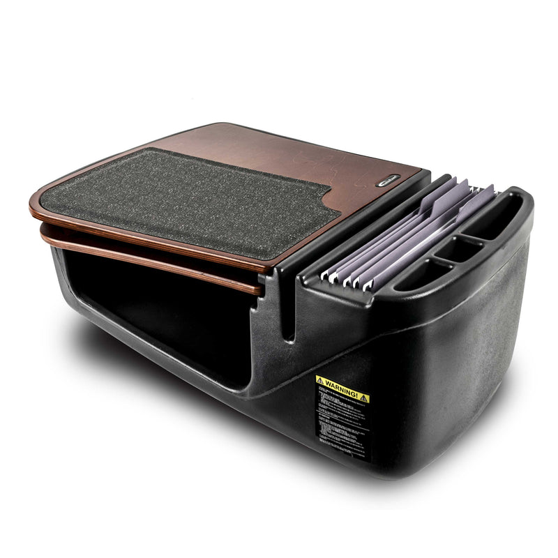 A black Arkon Mounts AutoExec GripMaster Car Desk featuring a brown writing surface, a felt area, open compartments, and a section for hanging file folders—ideal for setting up a convenient mobile workstation in your vehicle.